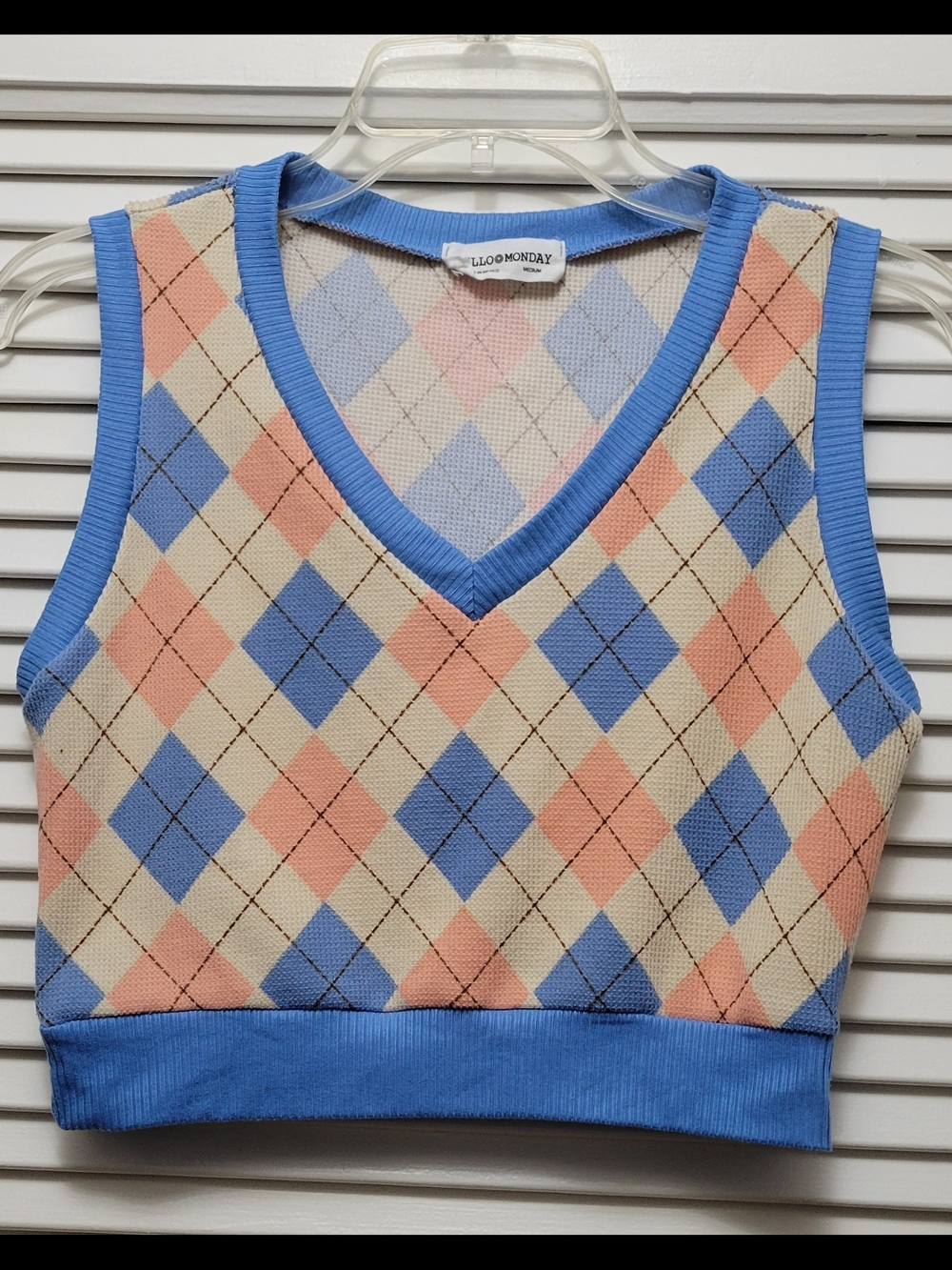 HELLO MONDAY Pastel Argyle Sweater Top -Medium Blue, Pink, Cream
